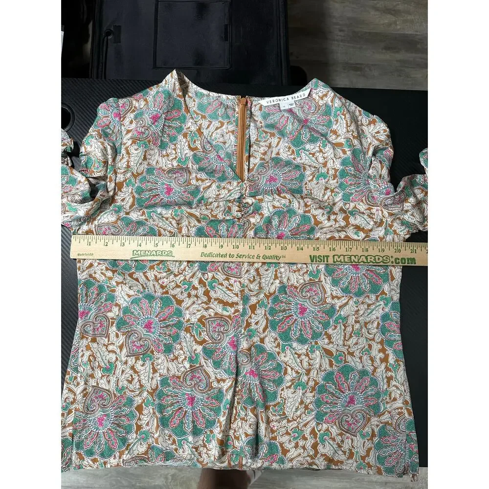 Veronica Beard Henrieta Floral Top Silk Stretch Sz 12 Half Sleeve V Neck Preppy - Picture 6 of 15